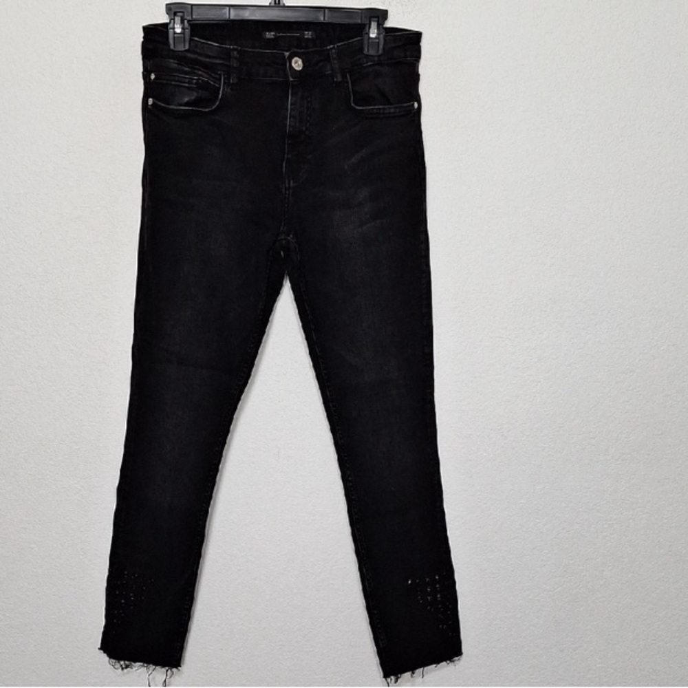 Zara Black Fringe Bikercore Streetwear High Rise Studded Skinny Denim Jeans Sz.6